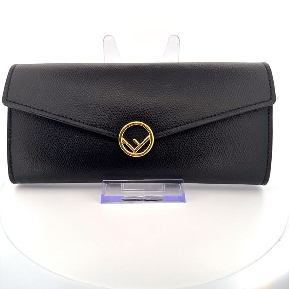 Fendi Logo Circle Continental Wallet in Black Textured Leather - Picture 1 of 8